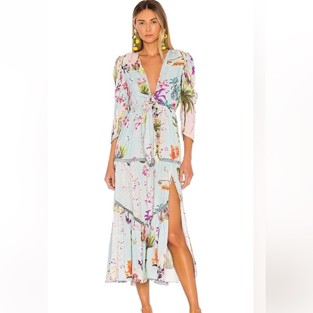 HEMANT & NANDITA Liv Tropical Floral Tie Front Maxi Dress In Powder Blue XS $438